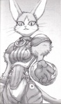 anthro armor bottomless clothed clothing female fur gloves handwear looking_at_viewer open_mouth reaching shoulder_pads simple_background smile solo tail whiskers white_background unknown_artist .hack cyberconnect2 mia_(.hack) domestic_cat felid feline felis mammal greyscale low_res monochrome official_art sketch