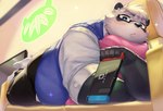 anthro belly big_belly black_body black_nose blush bottomwear clothing detailed_background electronics eyewear furniture glasses inside kemono male overweight overweight_male pants shirt sofa solo television topwear white_body nion nintendo nintendo_switch vtuber sasayama_akira bear giant_panda mammal 2023 absurd_res hi_res