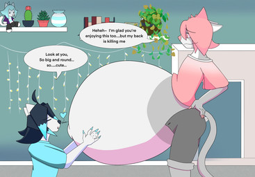ambiguous_gender anthro belly belly_expansion belly_rub big_belly duo embarrassed expansion huge_belly hyper hyper_belly hyper_pregnancy kiss_on_belly kissing male navel outie_navel pregnant pregnant_male rapid_pregnancy romantic romantic_couple string_lights text unzipped unzipped_pants zipper v-draws-ad star_(v-draws-ad) vinyl_iceheart winter_(v-draws-ad) domestic_cat felid feline felis mammal 2025 english_text hi_res