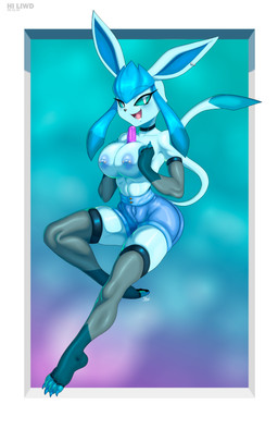 anthro areola armwear big_breasts big_ears black_nose blue_areola blue_body blue_bottomwear blue_clothing blue_fur blue_nails blue_nipples blue_sclera blue_shorts border bottomwear breasts choker clothed clothing colored_nails dessert dipstick_tail ear_piercing eyelashes feet female female_anthro food front_view fur gloves_(marking) grey_armwear grey_clothing grey_legwear ice_cream jewelry leg_markings legwear looking_at_viewer markings nails necklace nipple_piercing nipples object_between_breasts open_mouth open_smile piercing shorts smile socks_(marking) solo tail tail_markings thick_thighs topless white_border white_eyes wide_hips hiliwd nintendo pokemon eeveelution generation_4_pokemon glaceon pokemon_(species) hi_res