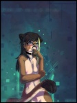 anthro black_border blue_eyes blush border breasts collar eyewear female glasses nipples nude solo tail text twilight-goddess lorena_loveless cougar felid feline mammal english_text