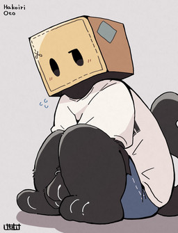 ambiguous_gender anthro black_body black_fur blue_bottomwear blue_clothing blue_shorts blush blush_lines bodily_fluids bottomwear box box_on_head cardboard cardboard_box clothed clothing container curled_up dot_eyes flying_sweatdrops fur grey_background hand_between_legs head_tilt highlights_(coloring) kemono knees_pulled_up looking_at_viewer mouthless one_eye_half-closed paws raised_tail shirt shorts simple_background simple_eyes sitting solo sweat sweatdrop tail text topwear tuft white_clothing white_shirt white_topwear ke_mo_suke utau hakoiri_oto domestic_cat felid feline felis mammal 2025 artist_name digital_media_(artwork) english_text hi_res shaded simple_shading