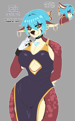 anthro blue_hair breasts clothed clothing countershade_accent dialogue dress ear_piercing ear_ring female flirting flirting_with_viewer green_eyes hair hands_behind_back jewelry looking_at_viewer machine piercing ring_piercing simple_background smile solo talking_to_viewer text sly_shadex saras-03 android deer mammal robot 5:8 english_text hi_res