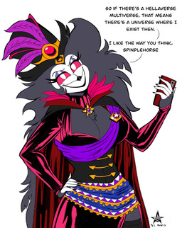 aged_up alternate_universe alternative_fashion anthro big_breasts breasts cleavage clothed clothing female goth magic_user multiverse non-mammal_breasts pupils red_sclera solo text thick_thighs white_pupils n.c._mentis hazbin_hotel hellaverse helluva_boss octavia_(helluva_boss) avian bird demigod demon owl absurd_res english_text hi_res