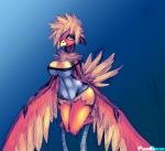 anthro beak big_breasts blue_eyes breasts clothed clothing feathers female non-mammal_breasts simple_background solo nook-lom puddomega avian bird digital_media_(artwork) hi_res