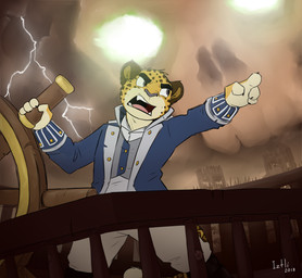 anthro clothed clothing fully_clothed gesture hand_gesture lightning_bolt male open_mouth pointing ship ship's_helm solo vehicle watercraft iztli sea_of_thieves iztli_(iztli) felid leopard mammal pantherine 2018 hi_res signature