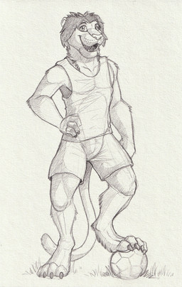 anthro ball barefoot bottomwear claws clothed clothing fangs feet finger_claws front_view grass hair hand_on_hip looking_at_viewer male male_anthro muscular muscular_anthro muscular_male open_mouth open_smile plant short_hair shorts smile soccer_ball solo standing teeth toe_claws topwear hufnaar felid lion mammal pantherine absurd_res full-length_portrait hi_res monochrome portrait sketch