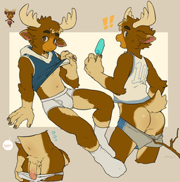 anthro antlers balls briefs brown_body brown_fur bulge butt clothed clothing food footwear fur genitals hoodie horn humanoid_genitalia humanoid_penis kemono male partially_clothed penis popsicle pubes scut_tail shirt short_tail sleeveless_hoodie socks solo tail tan_body tan_fur tank_top topwear underwear underwear_down wardrobe_malfunction milkybot animal_crossing nintendo erik_(animal_crossing) cervine deer elk mammal hi_res reference_image