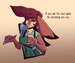 annoyed anthro apron barista big_breasts breasts clothing coffee_cup container cup dialogue female green_apron green_clothing green_eyes holding_container holding_cup holding_object holding_pen pen solo text sharkrags i_mean_breast_milk evan_(sharkrags) lagomorph leporid mammal rabbit english_text meme