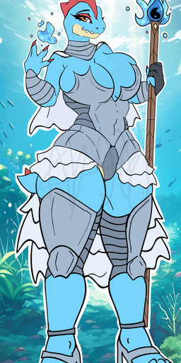 anthro armor big_breasts breast_squish breasts cape capelet claws clothed clothed_anthro clothed_female clothing fantasy female footwear frilly frilly_clothing gloves handwear high_heels huge_breasts jewelry knight looking_at_viewer magic magic_user shoes smile solo squish staff teeth thick_thighs underwater warrior water wide_hips james_andromeda nintendo pokemon feraligatr generation_2_pokemon pokemon_(species) reptile scalie absurd_res hi_res