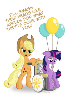 amputee angry balloon blonde_hair clothing cutie_mark disability duo female feral fur green_eyes hair hat headgear headwear horn inflatable multicolored_hair purple_body purple_eyes purple_fur purple_hair sad simple_background tail text two_tone_hair vehicle wheelchair white_background don_ko friendship_is_magic hasbro my_little_pony mythology applejack_(mlp) twilight_sparkle_(mlp) earth_pony equid equine horse mammal mythological_creature mythological_equine pony unicorn digital_media_(artwork) english_text