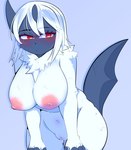 absol anthro anthrofied areola big_breasts blue_background breasts female fur generation_3_pokemon genitals hair hi_res horn huge_breasts leaning leaning_forward looking_at_viewer mochii_tiger nintendo nipples nude pink_areola pink_nipples pokemon pokemon_(species) pokemorph pussy red_eyes simple_background solo white_body white_fur white_hair