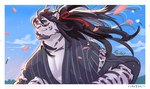 anthro asian_clothing barazoku black_hair clothing east_asian_clothing eyewear glasses grey_clothing grey_kimono hair japanese_clothing kimono long_hair male mature_male outside petals pink_nose solo white_body ciloh felid mammal pantherine tiger 2024 bust_portrait portrait signature