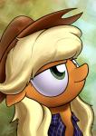 abstract_background blonde_hair clothing cowboy_hat female feral freckles fur green_eyes hair hat headgear headwear orange_body orange_fur solo dori-to friendship_is_magic hasbro my_little_pony applejack_(mlp) earth_pony equid equine horse mammal pony 2016 bust_portrait portrait