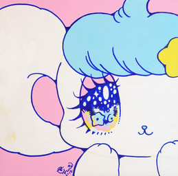 accessory alternative_fashion ambiguous_gender anthro bangs big_ears big_eyes blue_hair blue_nose chibi close-up eyelashes fairy_kei glistening glistening_eyes hair hair_accessory hairclip j-fashion kemono lidded_eyes multicolored_eyes on_model paws rainbow_eyes round_ears smile solo sparkles sparkling_eyes star superflat white_body yurie_sekiya peropero_sparkles melo_(peropero_sparkles) alien mammal mouse murid murine rodent 2018 hi_res marker_(artwork) official_art pastel_theme traditional_media_(artwork)