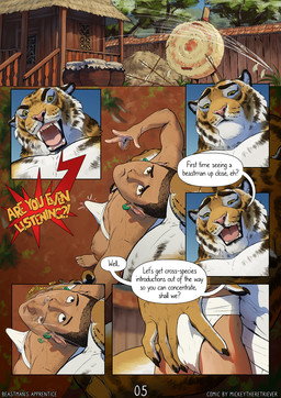 angry anthro athletic athletic_anthro athletic_male bottomwear bulge_fondling clothed clothing dialogue duo ear_piercing erection erection_under_clothing freckled_chest freckled_face freckled_shoulders freckles larger_anthro loincloth loincloth_only male male/male male_anthro male_human master_and_disciple muscular muscular_anthro muscular_male piercing size_difference speech_bubble tenting text topless unwanted_erection yelling mickey_the_retriever felid human mammal pantherine tiger comic english_text hi_res