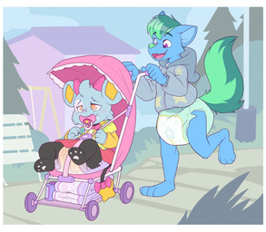 4_fingers 4_toes 5_fingers accessory ambiguous_gender anthro baby_powder bench black_body black_fur black_tail blue_body blue_fur blue_inner_ear blush blush_lines bodily_fluids border bow_ribbon bow_tie building clean_diaper clothed clothing cloud container cute_fangs detailed_background diaper dress drooling duo fangs feet feral fingers folded_diaper fur furgonomics furry_tail genital_fluids grass green_hair green_highlights green_nose green_tail hair hair_accessory hair_bow hair_ribbon half-closed_eyes heart_(marking) highlights_(coloring) hoodie hypnosis markings mind_control multicolored_body multicolored_clothing multicolored_dress multicolored_fur narrowed_eyes object_in_mouth on_one_leg open_mouth open_smile pacifier pacifier_in_mouth park park_bench path pawpads pink_bow pink_nose pink_pacifier pink_pawpads plant ribbons ringed_eyes saliva sitting sky smile standing strapped_down street_lamp stroller swingset tail tail_accessory tail_bow tail_ribbon teeth toes topwear tree unclean_diaper urine used_diaper walking wearing_diaper wet_diaper white_border yellow_inner_ear zipper bubblepuppers nintendo pokemon bondi_(bonded_friendship) sydney_the_shinx canid canine fox generation_4_pokemon mammal pokemon_(species) shinx