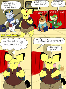ambiguous_gender anthro anthrofied backpack black_ear_tips black_ears black_hair black_markings black_sclera black_tail blue_body blue_bottomwear blue_clothing blue_ears blue_pants blue_shirt blue_tail blue_topwear blue_whiskers book bottomwear brown_body brown_bottomwear brown_clothing brown_ears brown_pants brown_tail clothing collared_shirt compliment dialogue dipstick_ears dipstick_tail ear_markings fangs green_body green_clothing green_shirt green_tail green_topwear group hair hallway head_tuft holding_book holding_object jersey locker male markings multicolored_ears multicolored_tail offscreen_character page_number painting_(object) pants pawpads pink_cheeks pink_pawpads polo_shirt red_eyes school shirt simple_background sitting speech_bubble stairs tail tail_markings tan_body tan_tail_tip teasing teeth text thought_bubble time_card time_skip topwear tuft walking whiskers white_bottomwear white_clothing white_eyes white_pants white_sclera white_sleeves yellow_body yellow_ears yellow_markings chonkymouse nintendo pokemon pace_(blastoiseanimator) riley_(blastoiseanimator) alolan_form alolan_meowth eevee generation_1_pokemon generation_2_pokemon generation_5_pokemon generation_7_pokemon pichu pokemon_(species) regional_form_(pokemon) snivy 2023 3:4 absurd_res colored comic digital_media_(artwork) english_description english_text flat_colors hi_res