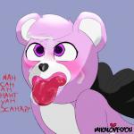 anthro back_bow black_bow blush bodily_fluids bow_(feature) bow_accessory cum cum_on_face fur genital_fluids heart_in_signature heart_nose heart_symbol nude open_mouth simple_background solo text tongue tongue_out mikalovesyou epic_games fortnite cuddle_team_leader bear mammal 1:1 2018 digital_media_(artwork) english_text signature