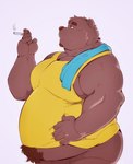 anthro belly big_belly brown_body clothing humanoid_hands kemono male overweight overweight_male shirt simple_background smoking solo topwear towel towel_on_shoulder white_background momo_92698 bear mammal 2025 hi_res