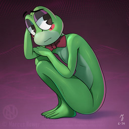 abstract_background anthro blush bow_tie bow_tie_only countershade_face countershade_torso countershading eyelashes female floating_eyebrows glistening glistening_body glistening_eyelids green_body mostly_nude pie_cut_eyes solo spritedude glitch_productions the_amazing_digital_circus ribbit_(tadc) amphibian frog 1:1 hi_res signature watermark