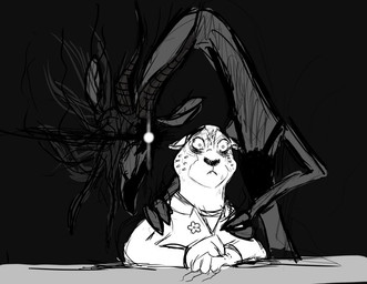 anthro black_background bodily_fluids clothed clothing creepy dark duo female flower fur glowing glowing_eyes looking_at_viewer markings nightmare_fuel plant scared simple_background spots spotted_body spotted_fur sweat zalgo_(artist) disney zootopia fabienne_growley gazelle_(zootopia) antelope bovid felid gazelle leopard mammal pantherine snow_leopard 2016 monochrome