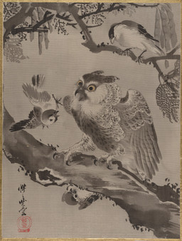 ambiguous_feral ambiguous_gender angry annoyed beak biped bipedal_feral branch eye_contact feathered_wings feathers feet feral flying frown group leaf looking_at_another looking_down on_branch open_beak open_mouth plant simple_background size_difference standing tail tail_feathers talons text toes tree trio wings kawanabe_kyosai public_domain avian bird owl 1887 19th_century absurd_res ancient_art hi_res japanese_text monochrome painting_(artwork) traditional_media_(artwork) traditional_painting_(artwork)