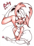 anthro biped breasts candy dessert female food green_eyes holding_candy holding_food holding_lollipop holding_object lollipop lying nude on_front pillow simple_background solo tail white_background fio ruby_(fio) canid canine fox mammal