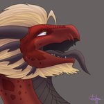 blonde_hair feral grey_background hair looking_pleasured male red_body simple_background solo tongue tongue_out yellow_eyes adrim european_mythology mythology rastaman dragon mythological_creature mythological_scalie scalie western_dragon 1:1 headshot_portrait portrait signature