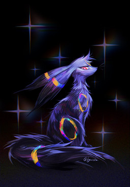 ambiguous_gender black_body black_fur feral fur looking_at_viewer markings red_eyes ring_(marking) simple_background sitting solo sparkles tail lycillu nintendo pokemon eeveelution generation_2_pokemon pokemon_(species) umbreon 2026 hi_res signature