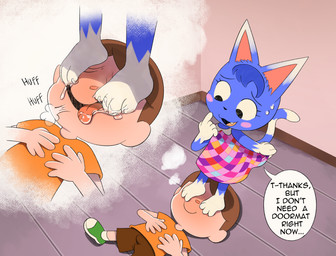 4_toes anthro blue_body blue_fur blush blush_stickers bodily_fluids breath claws clothing dialogue dress duo erection erection_under_clothing fantasizing feet female foot_fetish foot_lick foot_play fur licking lying male male/female on_back saliva saliva_on_face saliva_on_feet standing_on_another standing_on_head text thought_bubble toe_claws toes tongue trampling sock-eater animal_crossing nintendo rosie_(animal_crossing) villager_(animal_crossing) domestic_cat felid feline felis human mammal 2025 english_text hi_res