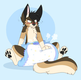 3_fingers 4_toes ambiguous_gender anthro black_body black_ear_tips black_fur black_hair black_nose black_pawpads blue_background blush blush_lines bodily_fluids brown_body brown_fur brown_tail clean_diaper clothed clothing cloud_emanata diaper diaper_only diaper_puff dipstick_ears ear_markings emanata feet fingers flying_sweatdrops fur hair hand_on_diaper inner_ear_fluff looking_down multicolored_body multicolored_ears multicolored_fur multicolored_tail pawpads pink_inner_ear simple_background sitting solo sweat sweatdrop tail tan_body tan_fur tan_inner_ear_fluff tan_tail toes topless touching_diaper tuft wearing_diaper whisker_spots jupiters jack_cabbit domestic_cat felid feline felis hybrid lagomorph leporid mammal rabbit hi_res