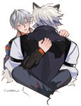 anthro carrying_another duo fur grey_hair hair leglock male male/male white_body white_fur quinieo_o mihoyo zenless_zone_zero von_lycaon wise_(zenless_zone_zero) canid canine canis human mammal wolf absurd_res hi_res