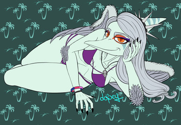 5_fingers amber_eyes anthro back_wings bedroom_eyes bikini biped bisexual_pride_colors blue_body blue_scales bracelet claws clothing elbow_feathers eyelashes eyeliner feathered_wings feathers female fingers grey_body grey_feathers grey_hair hair half-closed_eyes hand_on_face humanoid_hands jewelry lgbt_pride logo long_hair looking_at_viewer lying makeup markings narrowed_eyes on_side pattern_background pride_colors purple_bikini purple_clothing purple_swimwear scales seductive simple_background smile solo spiked_headwear spikes striped_markings stripes swimwear two-piece_swimsuit wings dopeyarts goodbye_volcano_high ko_op_(game_developer) fang_(gvh) prehistoric_species pterosaur reptile scalie 2024 artist_logo colored hi_res nonbinary_(lore)
