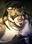 beard black_hair blue_eyes clothed clothing facial_hair hair jewelry male necklace pink_nose solo stripes topless dxsinfinite dazen_(character) felid mammal pantherine tiger