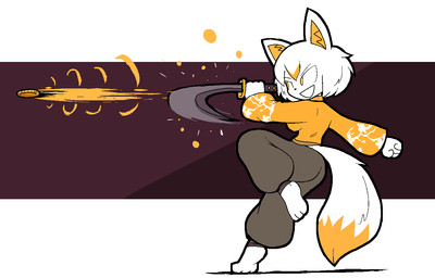 anthro barefoot breasts clothed clothing coin feet female fur hair martial_arts medium_breasts melee_weapon simple_background slash solo sword tail weapon white_body white_fur yellow_eyes usagibun1 tempest_(tanuki4h) canid canine fox mammal 2025 digital_media_(artwork)