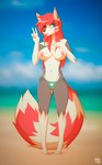 4_toes 5_fingers anthro areola beach bikini blurred_background breasts clothed clothing feet female fingers gesture hair hand_gesture inner_ear_fluff long_hair looking_at_viewer nipples red_hair seaside smile solo standing swimwear teal_eyes toes tongue tongue_out tuft two-piece_swimsuit v_sign marblesoda rikki canid canine canis hybrid mammal procyonid raccoon wolf 2019 digital_media_(artwork) hi_res