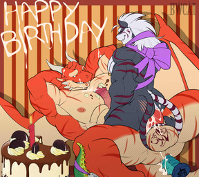 2_horns abs anal anal_penetration anthro balls black_body bodily_fluids cake cowgirl_position cum cum_drip cum_in_ass cum_inside cum_on_face cum_strand dessert dildo dildo_in_ass dildo_insertion dripping duo erection eyes_closed food foreskin from_front_position genital_fluids genitals grin hands_behind_head horn lying male male/male muscular object_in_ass on_back on_bottom on_partner on_top penetration penile penile_penetration penis penis_between_pecs penis_in_ass red_stripe retracted_foreskin scar sex sex_toy sex_toy_in_ass sex_toy_insertion small_bottom_large_top smile three-quarter_view tongue tongue_out wings bwcat mythology griffin_(awpdragon) dragon felid feline mammal mythological_creature mythological_scalie scalie absurd_res hi_res