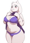 anthro big_breasts blush bra breasts clothed clothing dress eyelashes fangs female floppy_ears front_view fur horn lop_ears panties purple_bra purple_clothing purple_dress purple_panties purple_underwear raised_clothing raised_dress red_eyes simple_background slightly_chubby solo teeth thick_thighs underwear white_background white_body white_fur white_horn white_sleeves wide_hips kyde undertale_(series) toriel boss_monster_(undertale) bovid caprine goat mammal absurd_res hi_res