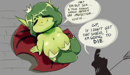 big_breasts blush breasts circle_eyebrows cleavage clothed clothing dialogue duo eyebrows eyes_closed female gesture green_body green_hair green_skin hair hand_gesture huge_breasts not_furry pointing shortstack shortstack_female sitting smile text unyin towergirls goblin_princess goblin humanoid 2019 digital_media_(artwork) english_text hi_res