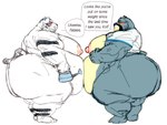 anthro belly belly_overhang belly_press big_belly big_breasts big_butt breasts butt clothed clothing duo huge_belly huge_thighs male male/male moobs muscular muscular_male navel nipples obese overweight overweight_male partially_clothed speech_bubble text thick_thighs tora_gy animal_crossing nintendo curt_(animal_crossing) rolf_(animal_crossing) bear felid mammal pantherine tiger english_text sketch