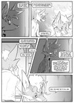 absurd_res anthro canid canine clothed clothing comic dialogue duo electronics english_text fire fox hi_res inside kif_yppreah kifyun2 male mammal monochrome necktie phone prosthetic prosthetic_arm prosthetic_limb simple_background speech_bubble tatsuo_kimura text window