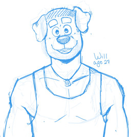 anthro black_nose dog_tags eyebrows floppy_ears looking_at_viewer male mullet muscular shaved_head simple_background sleeveless_shirt smile thick_eyebrows white_background p_rindustries will_(p_rindustries) canid canine canis dobermann domestic_dog mammal pinscher blue_and_white guide_lines hi_res monochrome sketch