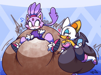 accessory anthro armwear bat_ears bat_wings big_diaper blue_eyelids blush bodily_fluids boots breasts cleavage clothed clothing diaper diapersuit duo elbow_gloves embarrassed excessive_feces fart feces female footwear forehead_gem fur gem gloves green_eyes hair_accessory hair_tie handwear head_tuft heart_symbol huge_diaper hyper hyper_diaper hyper_feces hyper_soiling knee_boots knee_highs legwear membrane_(anatomy) membranous_wings nervous nervous_sweat one_leg_up poof pooping purple_body purple_fur raised_leg royalty shoes smug soiled_diaper soiling soiling_diaper sweat tan_body tuft unclean_diaper used_diaper using_diaper white_body white_fur wings dummydoodles sega sonic_the_hedgehog_(series) blaze_the_cat rouge_the_bat bat domestic_cat felid feline felis mammal hi_res