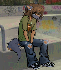 anthro bottomwear brown_body brown_fur brown_hair checkered checkered_clothing checkered_footwear checkered_shoes clothing denim denim_bottomwear denim_clothing ear_piercing ears_up eyebrow_piercing eyebrows eyewear facial_piercing footwear fur gauged_ear glasses green_clothing green_shirt green_topwear hair jeans looking_away male messy_hair oversized_bottomwear oversized_clothing oversized_pants pants pattern_clothing pattern_footwear pattern_shoes piercing shirt shoes skate_park solo thick_eyebrows topwear torn_bottomwear torn_clothing torn_jeans torn_pants wearing_glasses werehouse lucas_(werehouse) pedobear canid canine canis domestic_dog german_shepherd herding_dog mammal pastoral_dog absurd_res hi_res meme