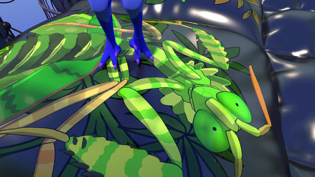 anthro black_latex blue_body blue_skin bouncing bouncy_tile bow_tie bubble elastic enjoyment exterior female floating floral_pattern inflatable_tile jumping latex leaf outside pillow print solo squish trampoline wobbling skeletorskeletonized c4d quilly arthropod dinosaur dromaeosaurid insect mantis prehistoric_species reptile saurischian scalie theropod velociraptor 3d_(artwork) animated cinema_4d_(artwork) digital_media_(artwork) hi_res short_playtime webm