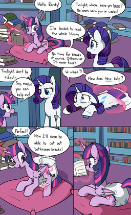 blue_eyes clean_diaper clothed clothing cutie_mark cutie_mark_diaper cutie_mark_print dialogue diaper diaper_transformation duo female feral forced forced_transformation greeting horn library magic magic_user mane messy_mane open_diaper pillow purple_body purple_eyes purple_mane putting_on_diaper quadruped reading sitting sitting_on_pillow speech_bubble striped_mane text transformation wearing_diaper white_body wings skitterpone friendship_is_magic hasbro my_little_pony mythology rarity_(mlp) twilight_sparkle_(mlp) animate_inanimate diaper_creature equid equine mammal mythological_creature mythological_equine unicorn winged_unicorn comic english_text hi_res