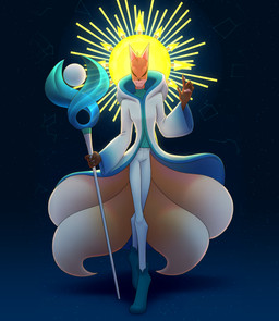 anthro backlighting biped bottomwear claws cloak clothed clothing constellation eyes_closed footwear fur galaxy light magic_user male markings multi_tail orange_body orange_fur pants pawpads pink_pawpads pose robe shirt shoes smile solo space staff standing star sun sweater tail topwear turtleneck white_body white_fur graphic_ginger miitopia nintendo oshiro_(graphic_ginger) canid canine fox mammal red_fox true_fox 2021 colored digital_drawing_(artwork) digital_media_(artwork) full-length_portrait hi_res lighting portrait shaded
