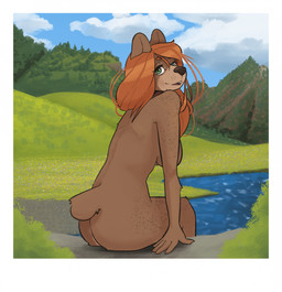 anthro big_nose border breasts butt cloud dark_nose eyelashes female forest freckled_arms freckled_back freckled_face freckled_hips freckled_legs freckled_shoulders freckled_thighs freckles grass green_eyes hair landscape long_eyelashes mountain nub_tail nude orange_hair outside plant river round_ears side_boob sky snout solo tree white_border katahdin kat_(katahdin) bear mammal hi_res