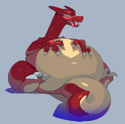 anthro belly big_belly eyewear glasses grey_background male obese overweight simple_background sitting solo 80sarchosaur nintendo pokemon charizard generation_1_pokemon pokemon_(species) 2021 hi_res